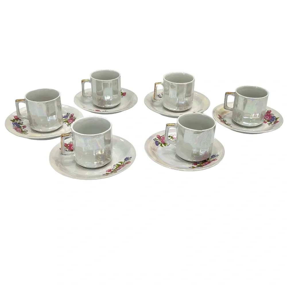1970s WAHBEH OF CHINA LUSTERWARE PINK & PURPLE FLORAL CUPS & SAUCERS - SET OF 6